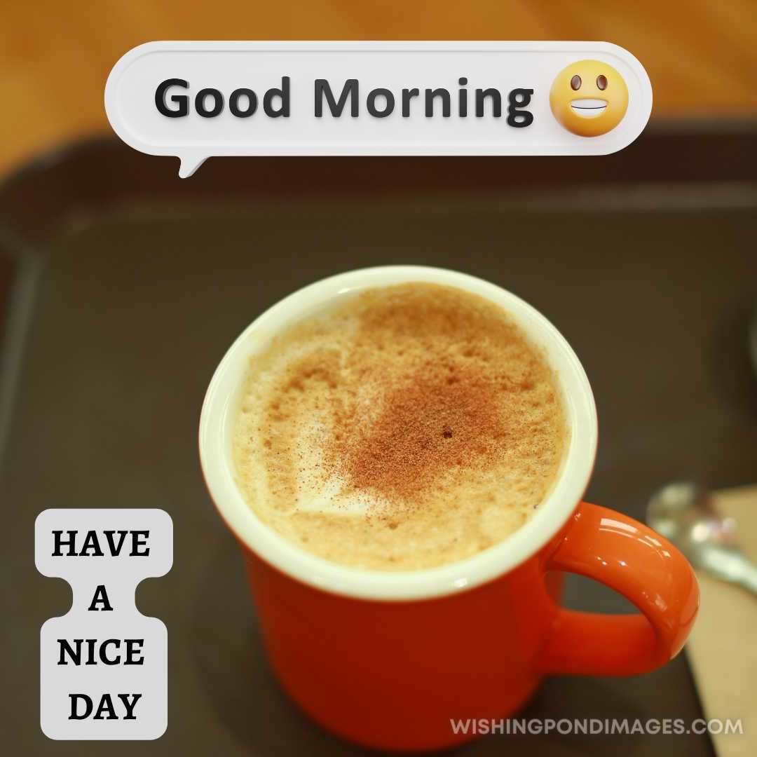 Coffee image in a red colored cup in the dark grey colored tray. Good Morning Coffee Images